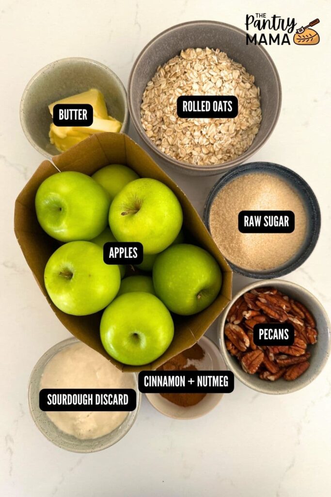 Flat lay of ingredients necessary to make a sourdough apple crisp.