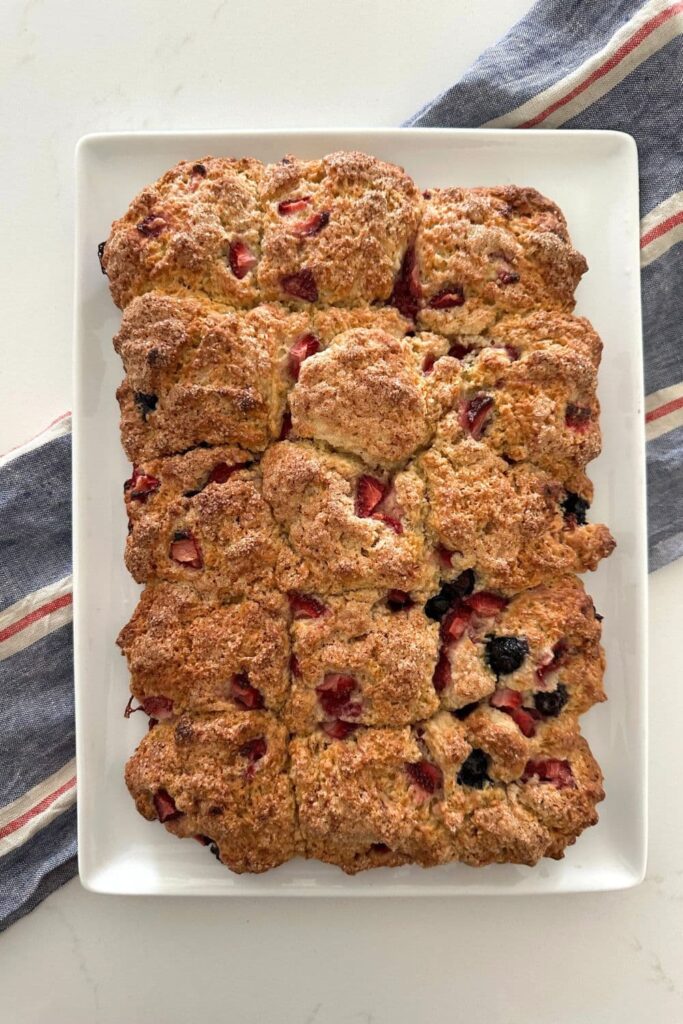 A sourdough berry sheet pan shortcake that has been baked until golden brown in the oven.
