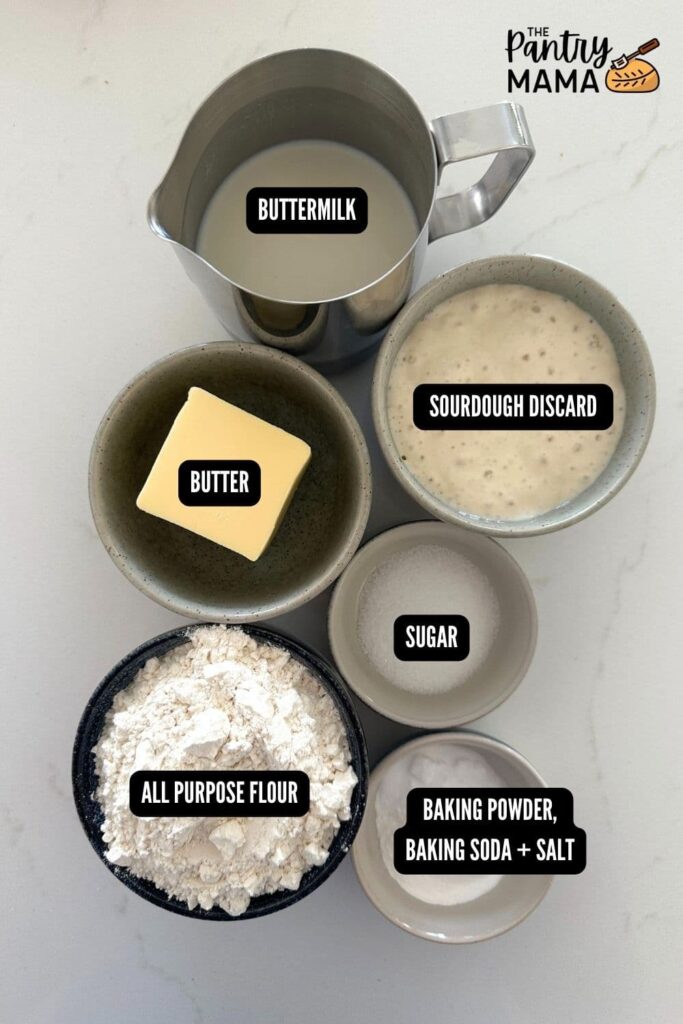 Flat lay of ingredients necessary to make sourdough butter swim biscuits.