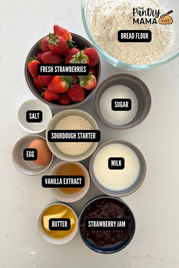 Flat lay of ingredients necessary to make sourdough strawberry rolls.