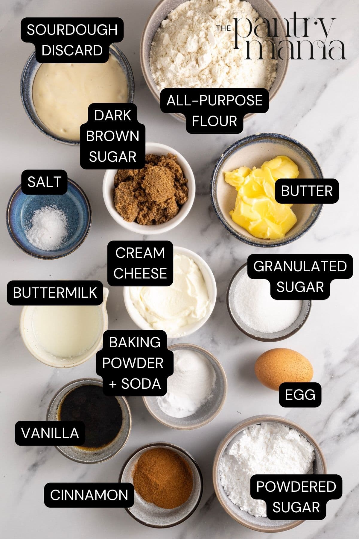 Flat lay of ingredients necessary to make sourdough discard cinnamon rolls.