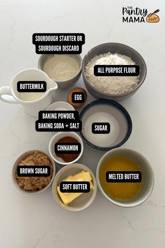 Flat lay of ingredients necessary to make no wait sourdough cinnamon rolls.