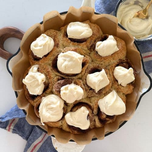 Recipe feature image for no wait sourdough cinnamon rolls.