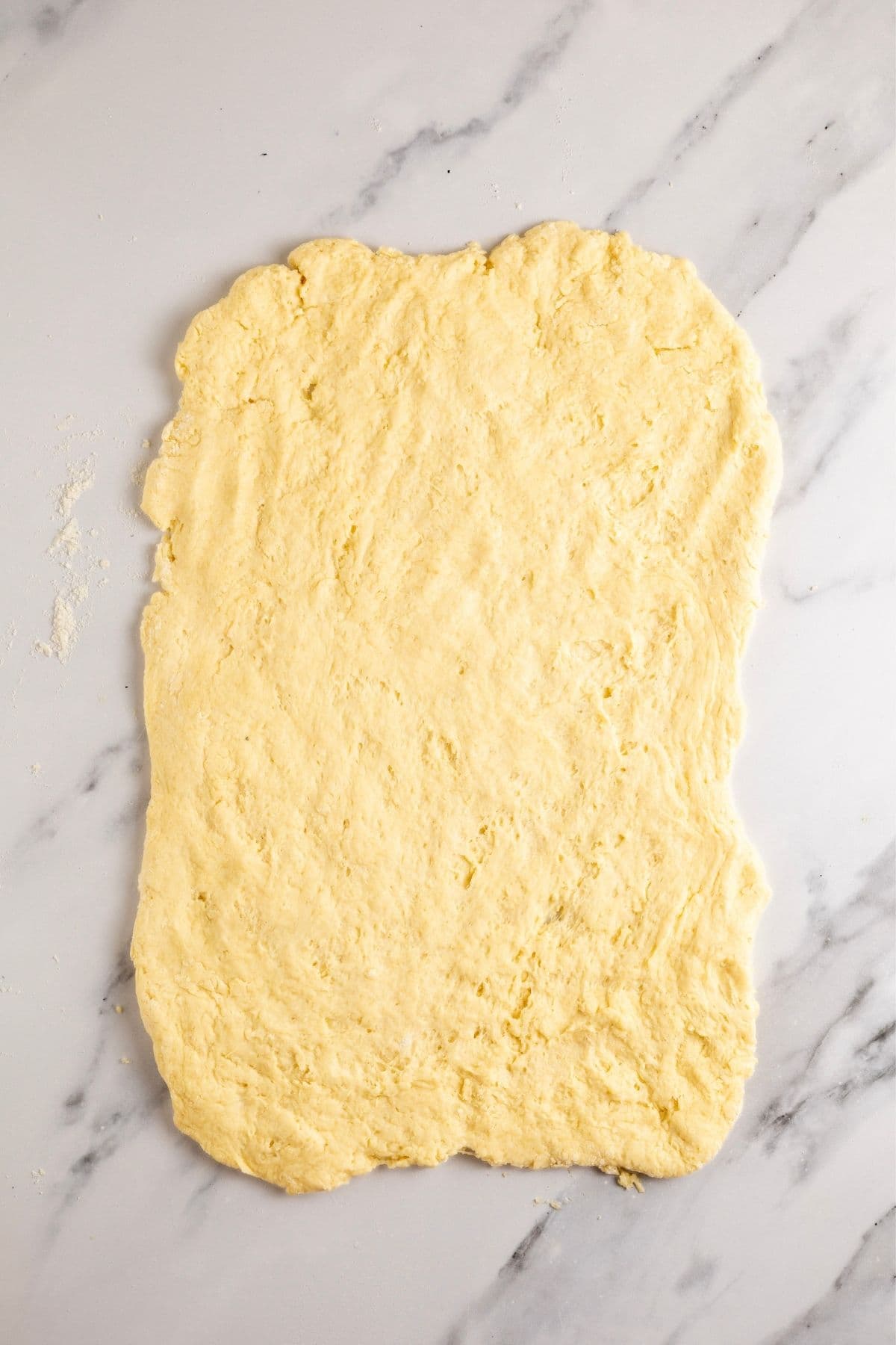 Sourdough discard cinnamon roll dough rolled out into a rough rectangle.