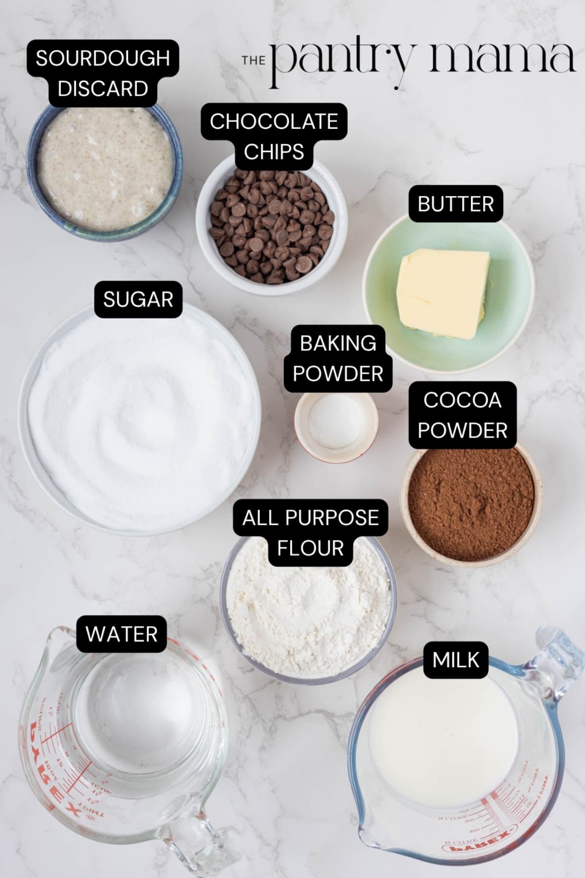 Flat lay image of ingredients necessary to make sourdough chocolate cobbler.