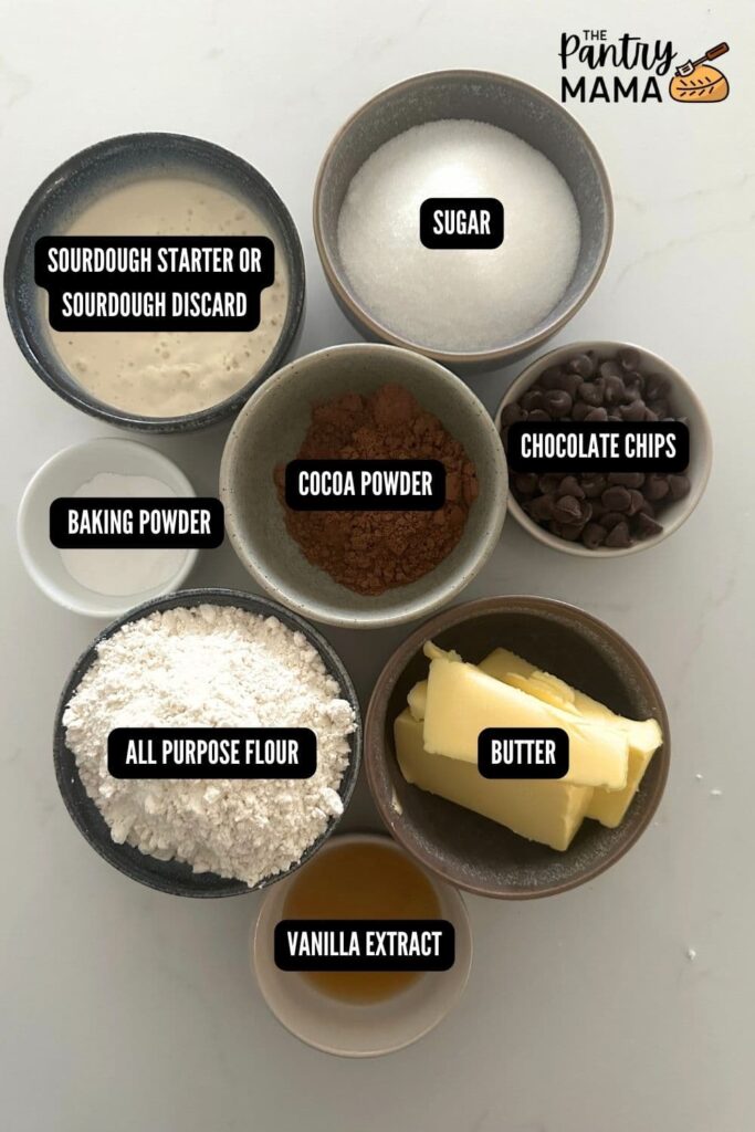 Flat lay of ingredients necessary to make sourdough chocolate cobbler.