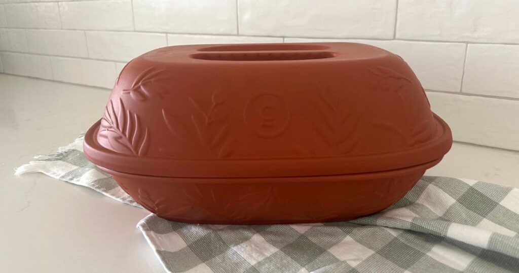 An oval shaped terracotta baking dish with a lid.