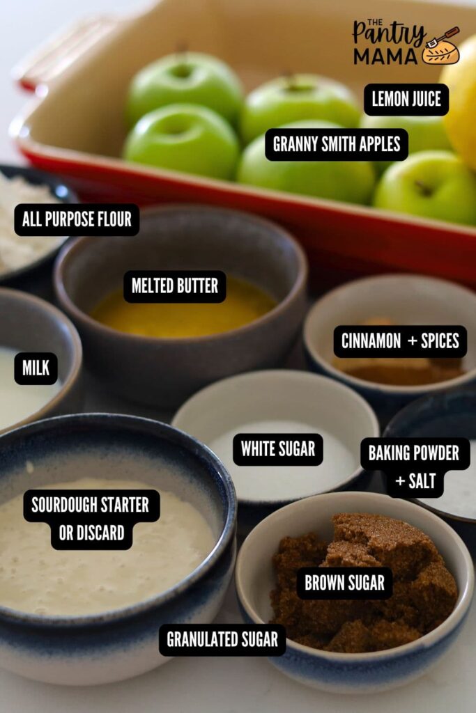 Flat lay of ingredients necessary to make sourdough apple cobbler.