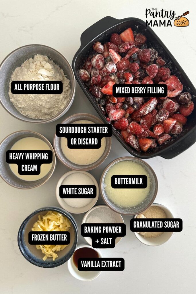 Flat lay of ingredients necessary to make sourdough berry cobbler topping.