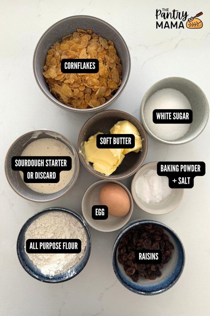 Flat lay of ingredients necessary to make sourdough cornflake raisin cookies.