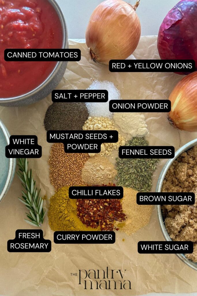 Flat lay of ingredients necessary to make chilli tomato relish.