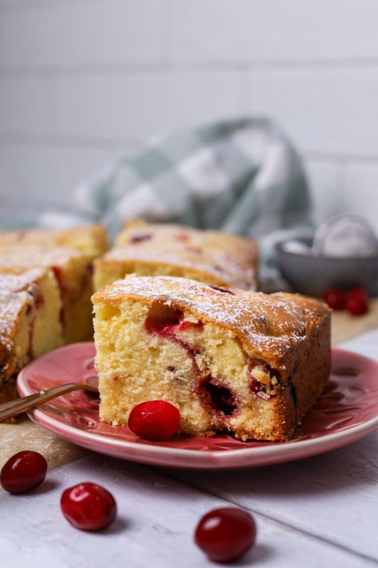 A close up photo of a slice of sourdough cranberry cake sitting on a pink plate.