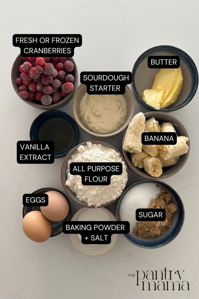 Flat lay of ingredients necessary to make sourdough cranberry banana bread.