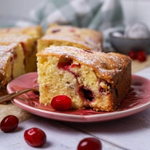 Sourdough Cranberry Cake nestled on a small pink plate. You can see the inside of the cake and the pops of red cranberries inside.