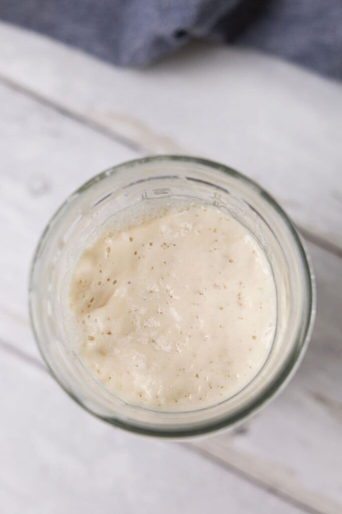 Close up photo of the top of a jar of sourdough starter showing it bubbling.