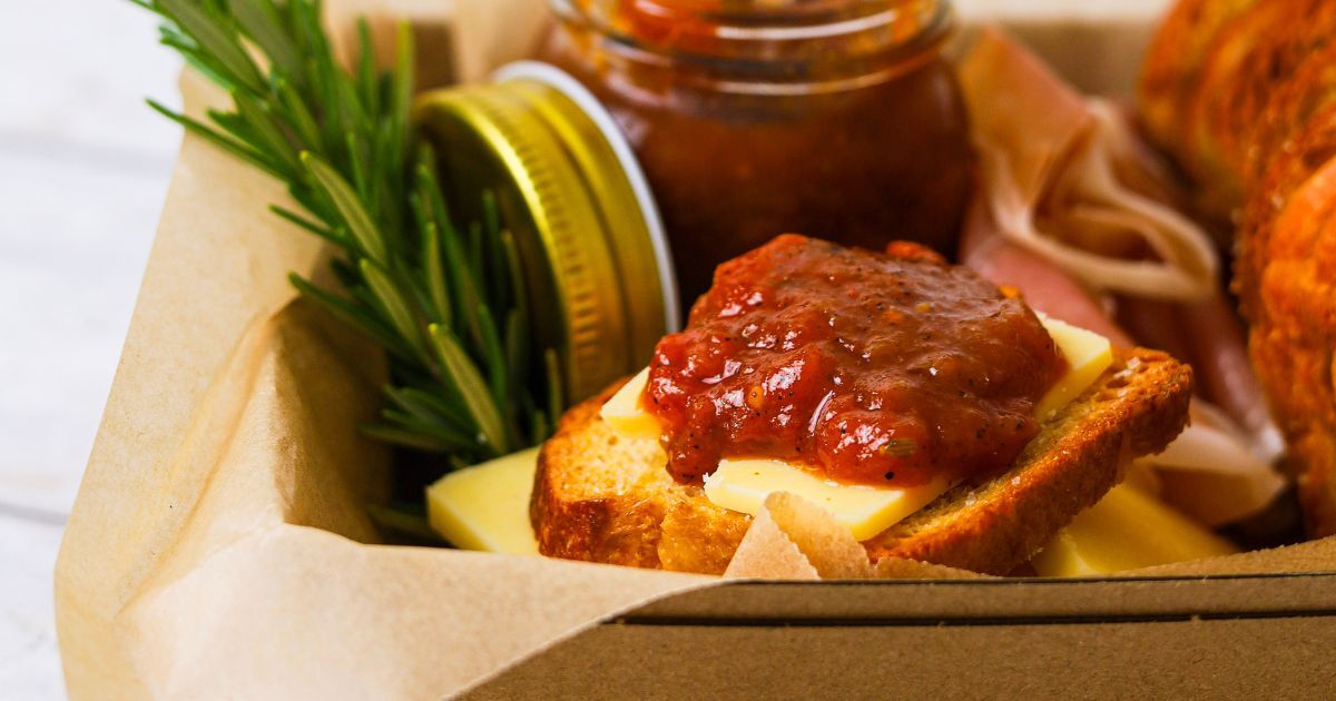 Tomato chutney on a slice of sourdough.