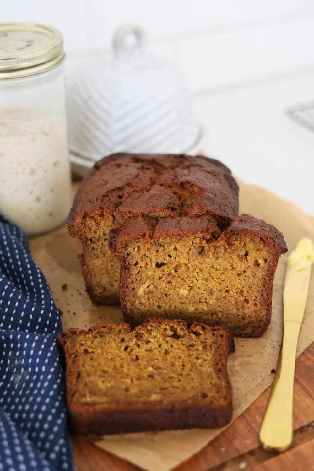 Sourdough quick bread slices.