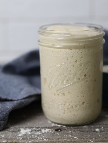 Sourdough starter in a small mason jar.