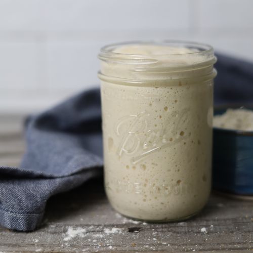 Sourdough starter in a small mason jar.