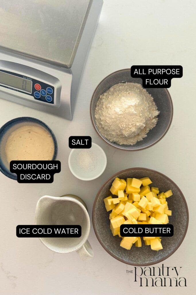 Flat lay of ingredients necessary to make sourdough puff pastry.