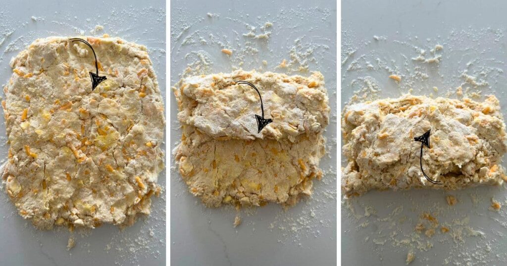 A series of 3 photos showing how to fold the sourdough cheddar biscuit dough.