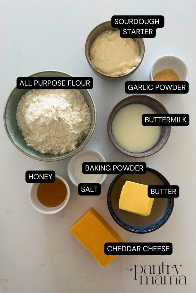 Flat lay of ingredients used to make sourdough cheddar biscuits.