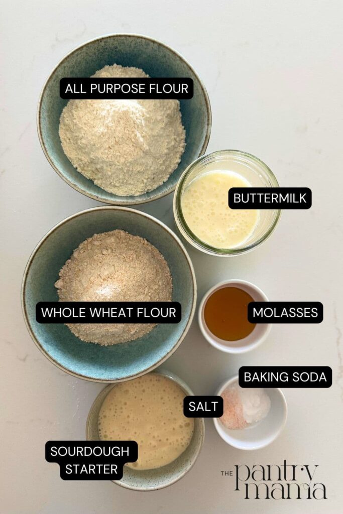 Flat lay of ingredients necessary to make sourdough Irish brown bread.