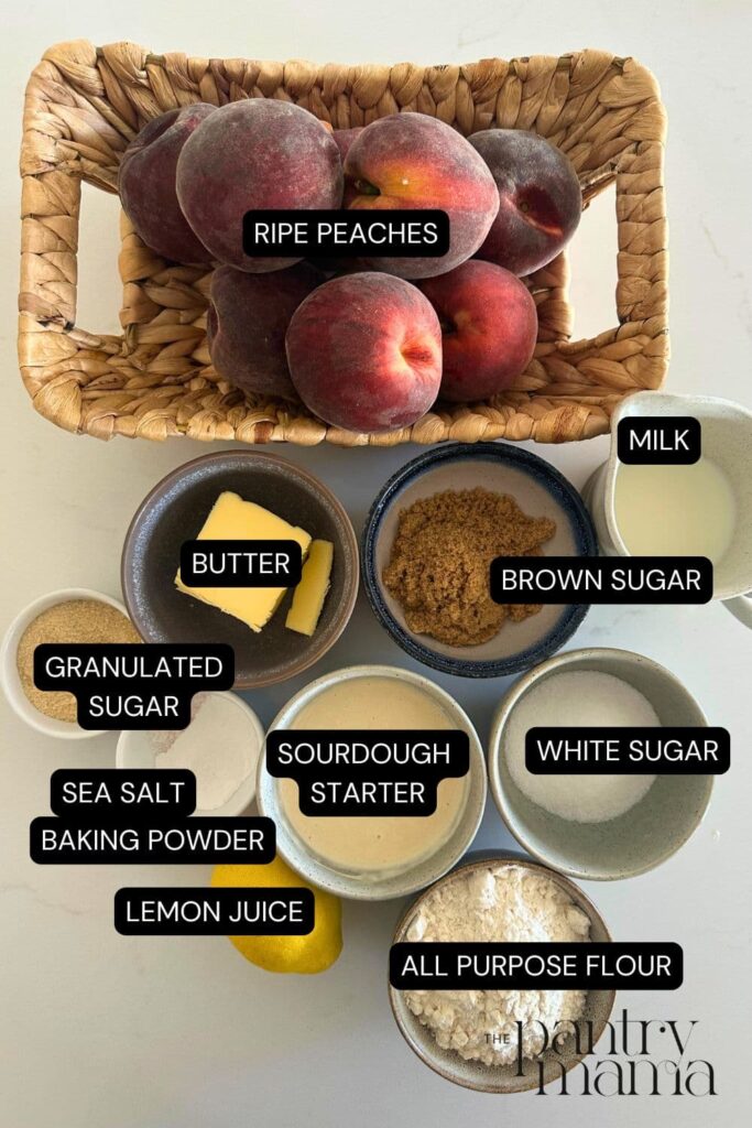 Flat lay of ingredients necessary to make sourdough peach cobbler.