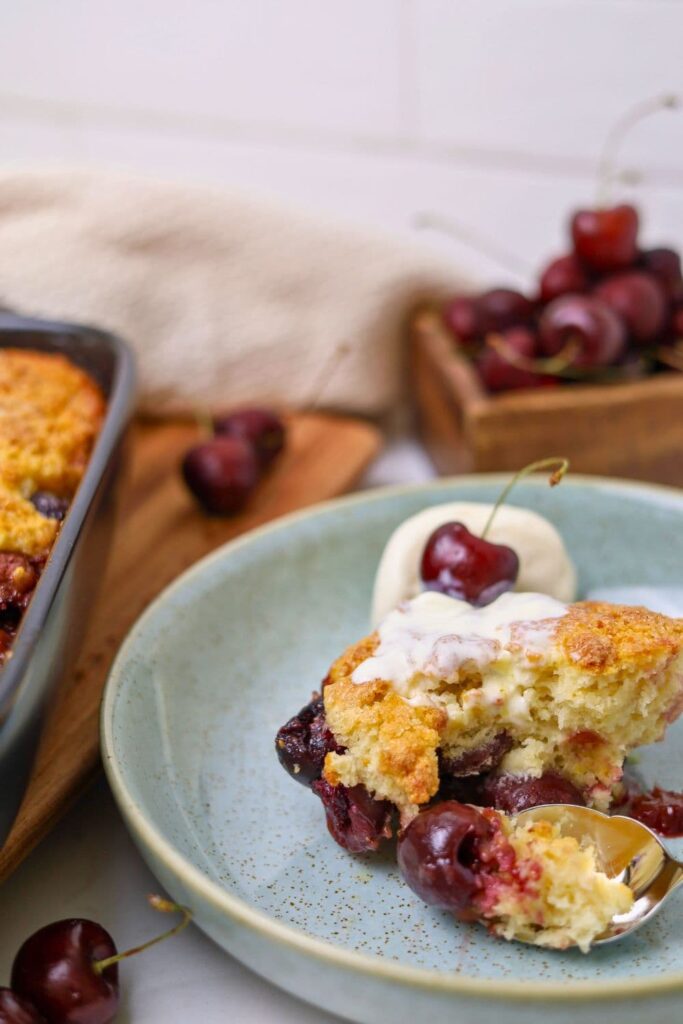 A single serving of sourdough cherry cobbler sitting in a sage green bowl. The cobbler has a scoop of vanilla ice cream on top of it and a single cherry on top. A spoon has dug into the cobbler to show the sponge cake topping.