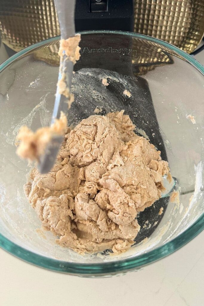 A shaggy dough that has been formed when mixing whole wheat flour, water and honey together.