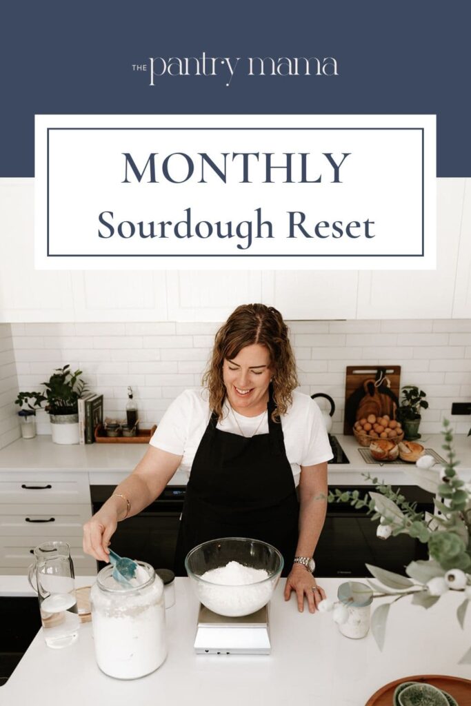 A photo of a woman adding flour to a glass mixing bowl that is sitting on a digital scale in a kitchen. She is making sourdough bread.