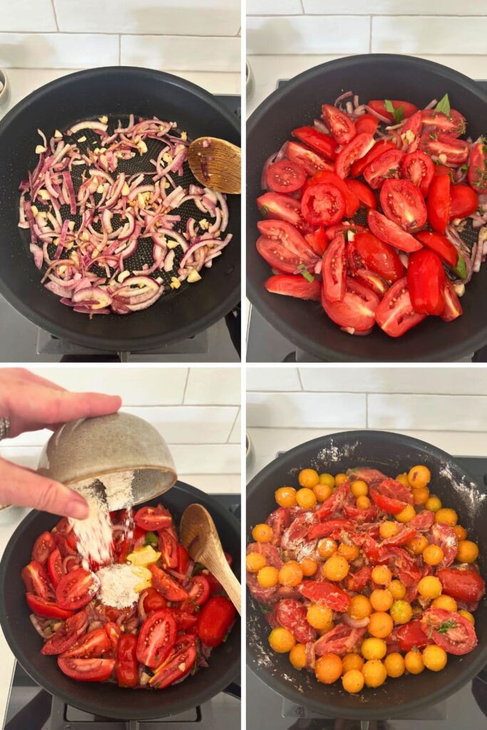 4 process photos showing cooking down the onions, tomatoes and adding the flour to thicken the sourdough tomato cobbler base mixture.