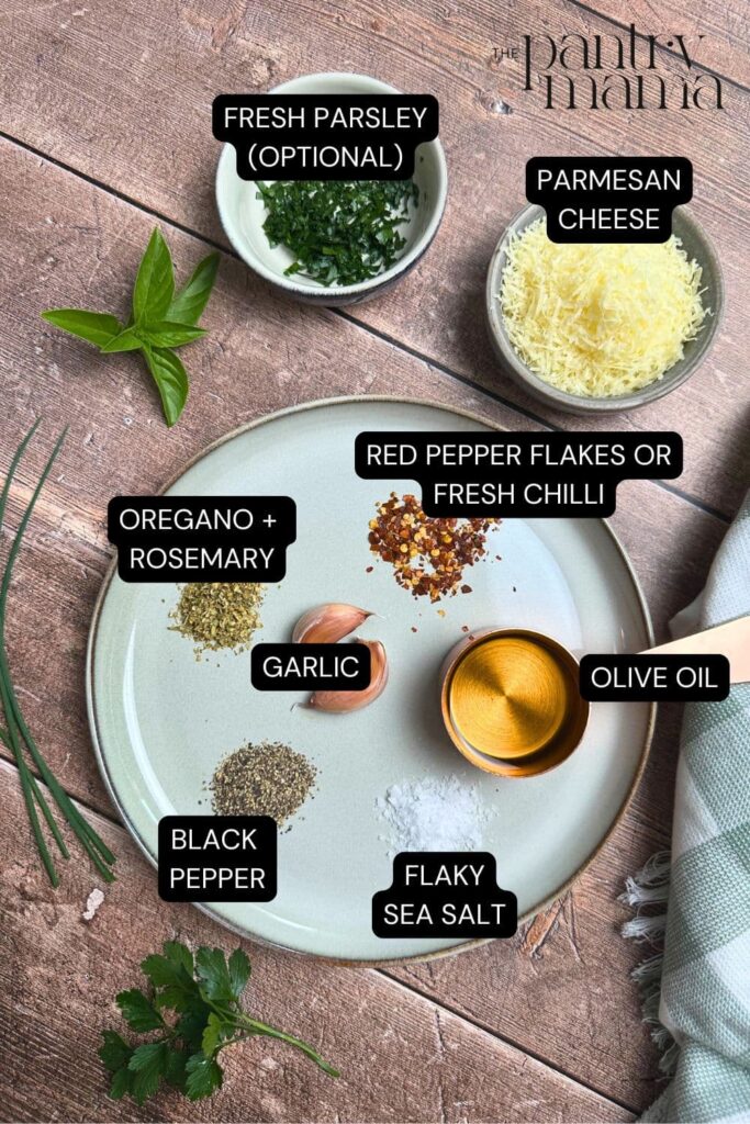 Flat lay of ingredients necessary to make easy bread dipping oil.