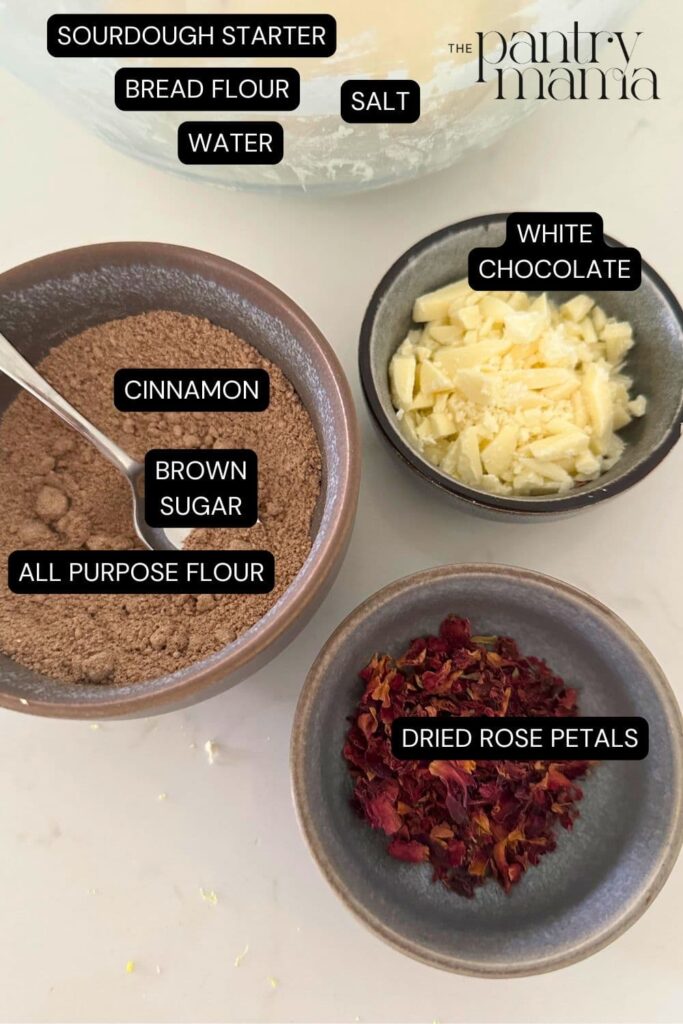 Ingredients necessary to make rose petal sourdough bread.