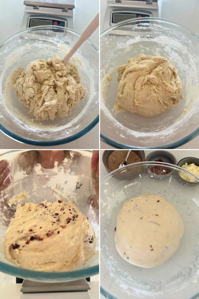 4 process photos showing the process of mixing the dough and stretching and folding the dough while adding rose petals.