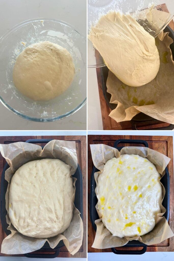 A series of 4 photos that show sourdough focaccia bread being tipped into a cast iron bread pan lined with parchment paper.
