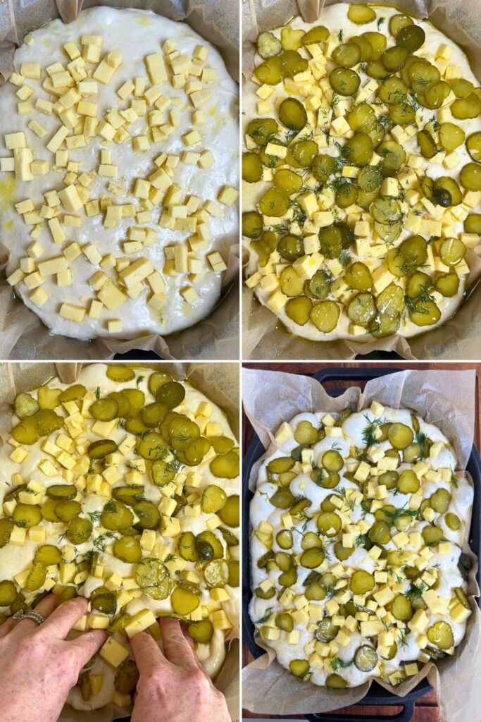 A series of 4 photos showing how to add the dill pickles and cheddar topping to the sourdough focaccia bread and how to mush them in with your finger tips.
