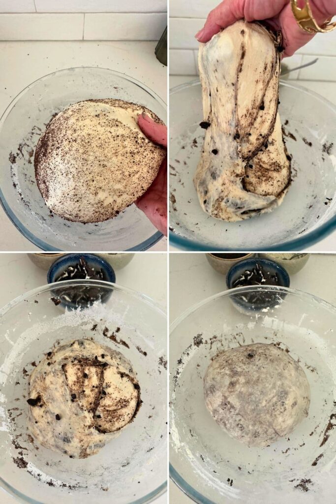 A set of 4 process photos showing crushed Oreos being stretched and folded into sourdough dough.