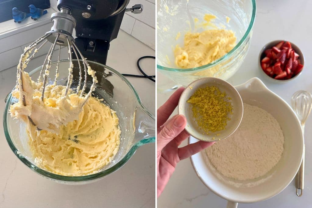 2 process photos showing the butter, sugar, eggs and sourdough starter being creamed together and the dry ingredients mixed together with the lemon zest and strawberries being added.