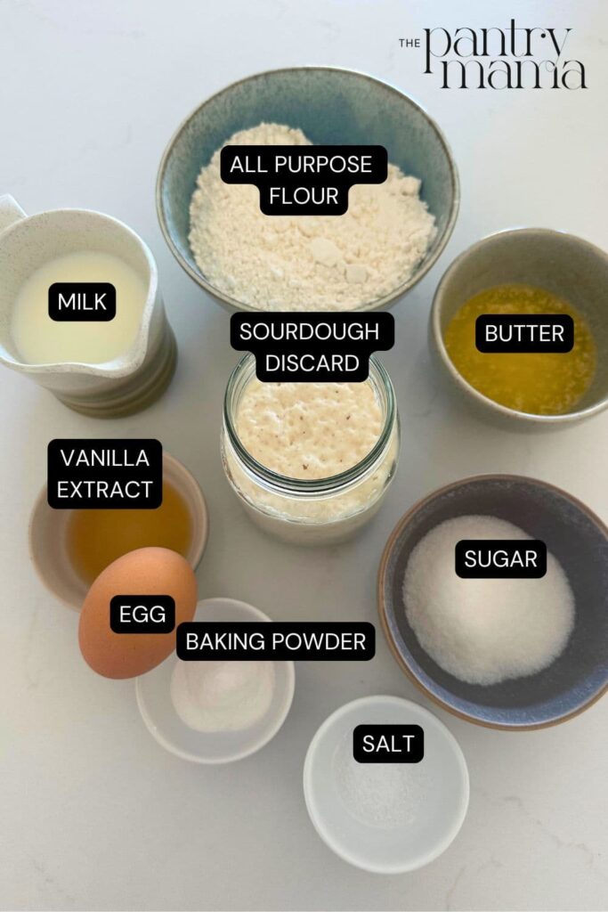Flat lay of ingredients necessary to make sourdough discard pancakes.