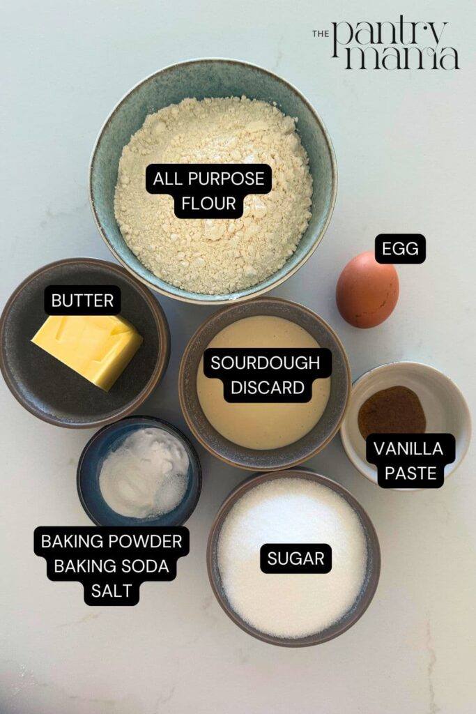 Flat lay of ingredients necessary to make a batch of sourdough vanilla cookies.