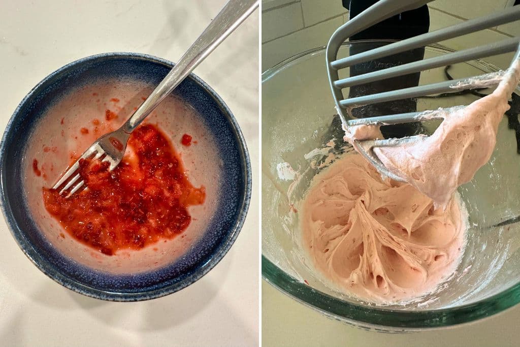A bowl of strawberries that have been squished to release the juice in order to color the frosting and a photo of the whipped strawberry frosting.