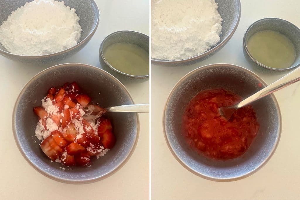 2 process photos showing the fresh strawberries being mashed together with some powdered sugar and then mixed with lemon juice to create the glaze.