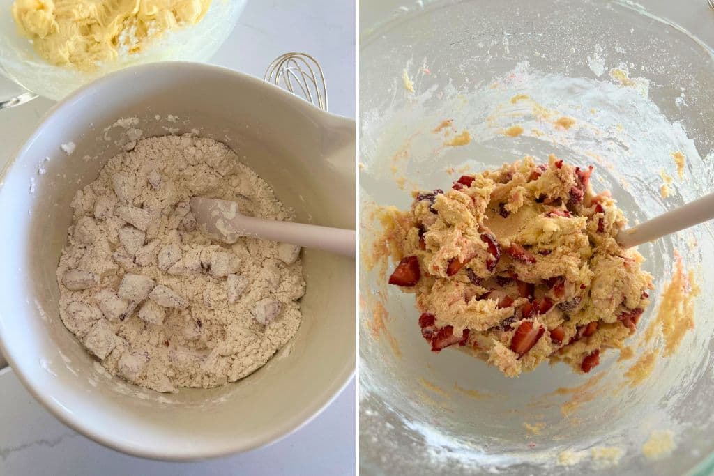 2 process photos. The first one shows the fresh strawberries being coated in flour and the second shows the wet and dry ingredients being mixed together.