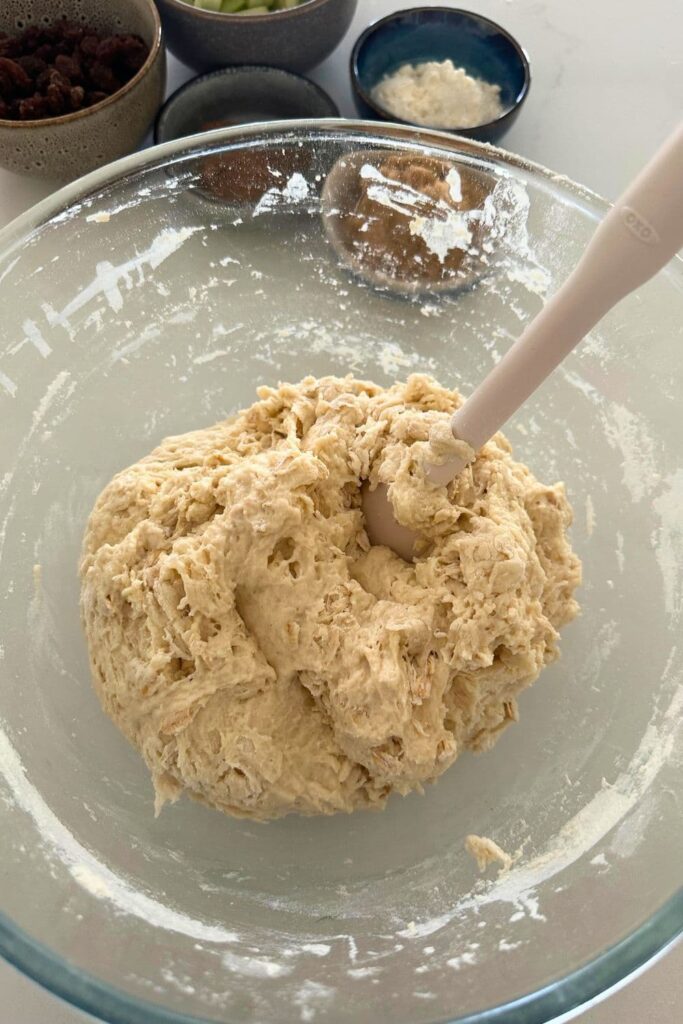 A bowl of sourdough where it has just been brought together into a dry dough with rolled oats.