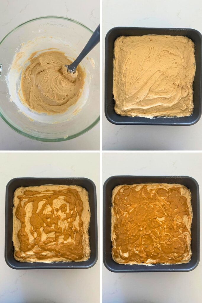 A series of 4 images showing how to add the sourdough peanut butter squares batter to the pan and swirl the peanut butter on the top.