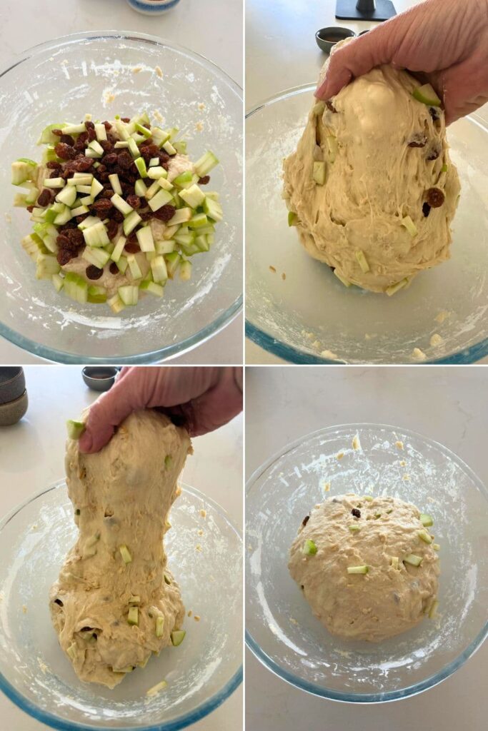 4 process photos showing how to add the diced apples and raisins to make sourdough apple crisp bread.