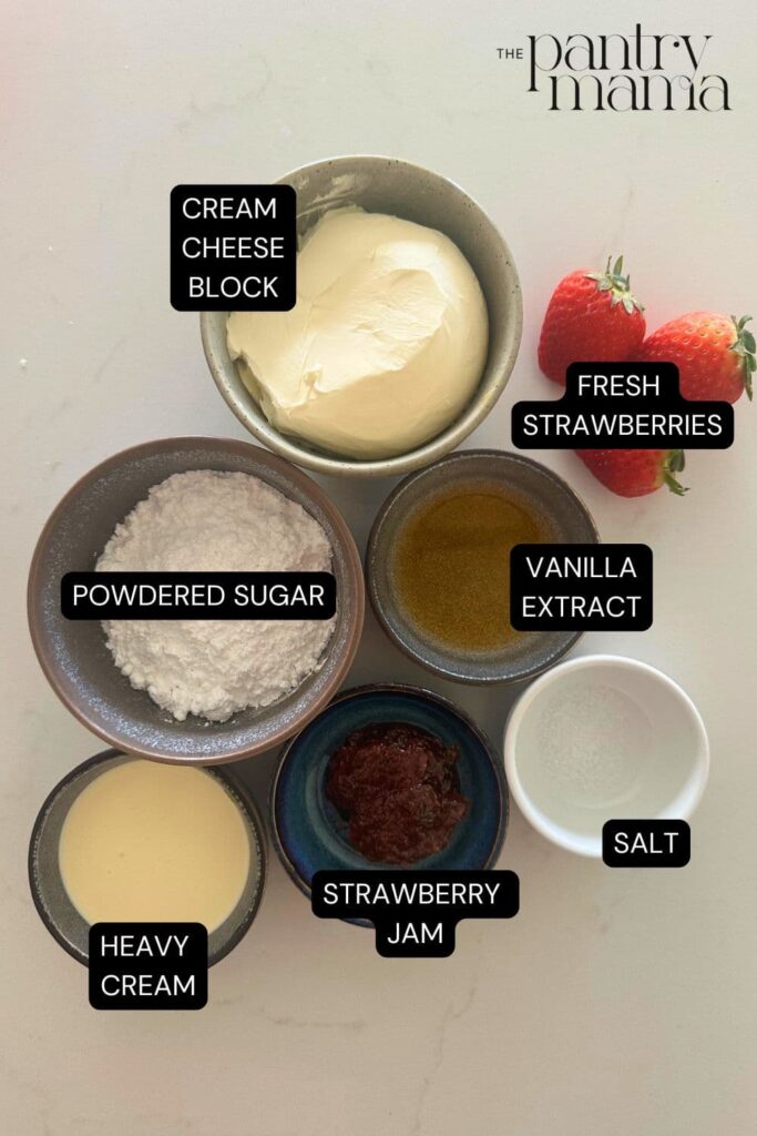 Flat lay of ingredients necessary to make strawberry cheesecake dip.