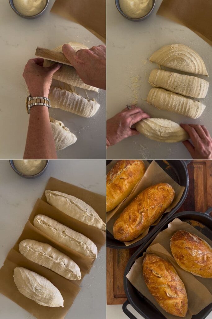 A series of 4 photos that shows a sourdough batard being sliced into 4 smaller loaves and baked in two cast iron Dutch Ovens.