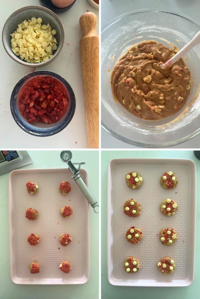 Process photos for making sourdough strawberries and cream cookies. You can see the cookies being rolled into balls and laid out on a baking tray.